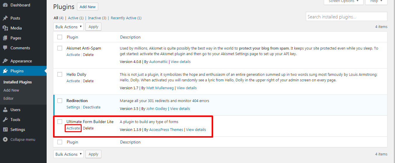 How to create contact form on your WordPress website? (step by step guide) Activating Ultimate Form Builder Lite to create Contact Form in WordPress - How to create contact form on your WordPress website? (step by step guide)