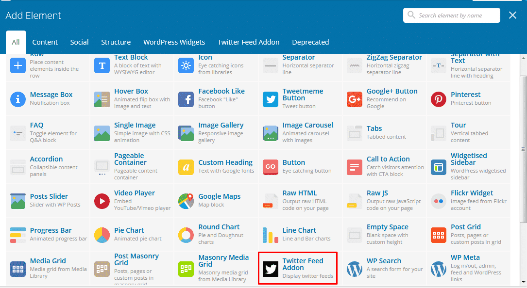How to Showcase Twitter Feed for your WP Bakery powered WordPress website? add element 1024x561 - How to Showcase Twitter Feed for your WP Bakery powered WordPress website?