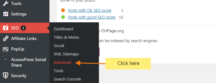 How to remove Category base from WordPress URLs Click on the advanced menu of Yoast SEO - How to remove Category base from WordPress URLs