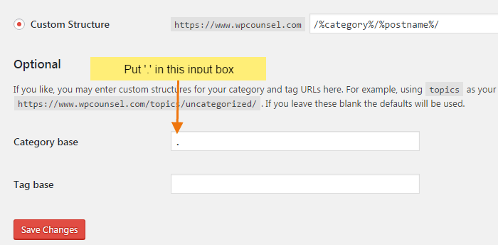 How to remove Category base from WordPress URLs put dot in category base input box - How to remove Category base from WordPress URLs