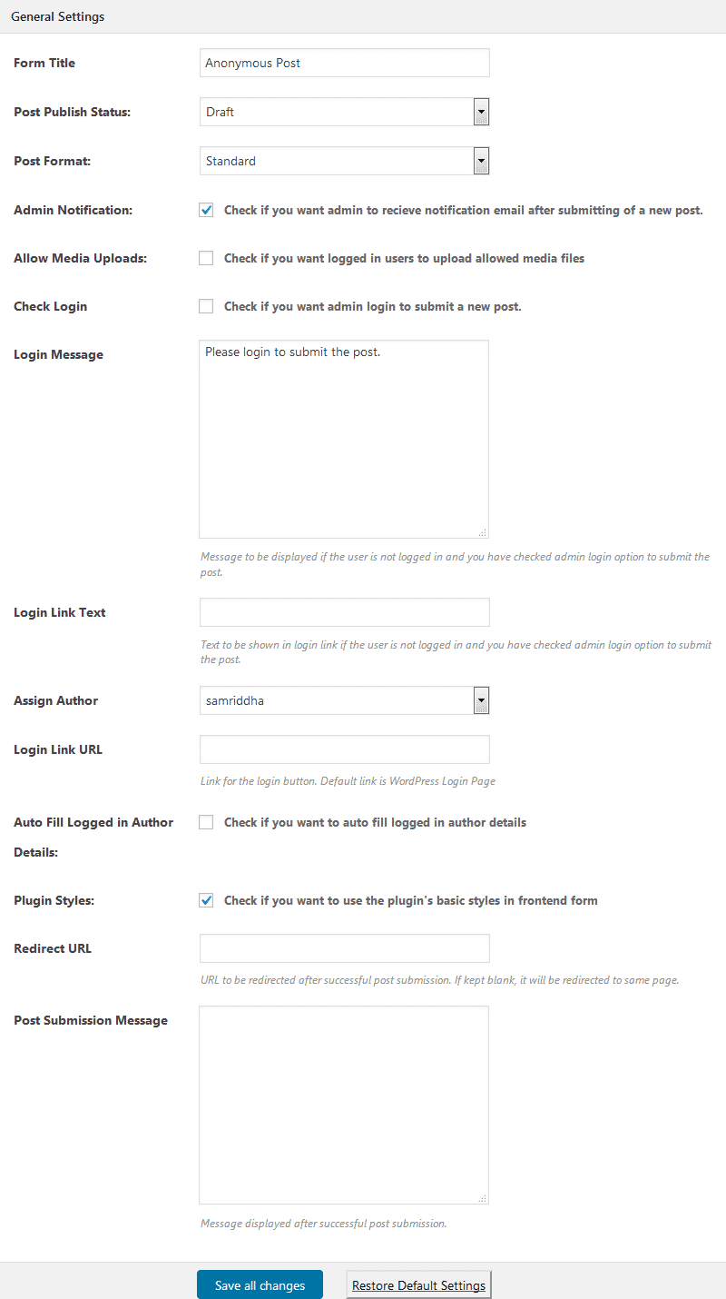 How to Allow Frontend Posting (with or without login) on your WordPress Website? (Step by Step Guide) accesspress anonymous post general settings - How to Allow Frontend Posting (with or without login) on your WordPress Website? (Step by Step Guide)