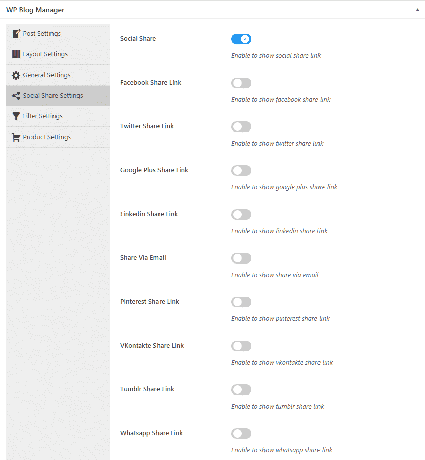 How to manage your WordPress blog using WP Blog Manager? (Step By Step Guide) social share settings page - How to manage your WordPress blog using WP Blog Manager? (Step By Step Guide)