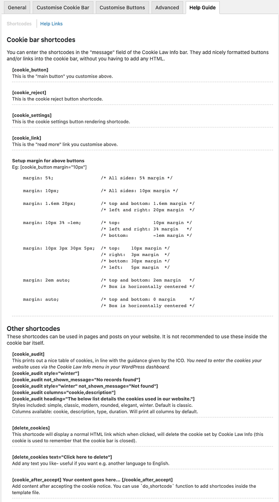GDPR Cookie Consent WordPress Plugin Review List of shortcodes available