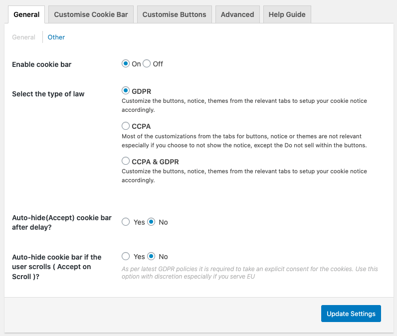 GDPR Cookie Consent WordPress Plugin Review Cookie Bar Setting